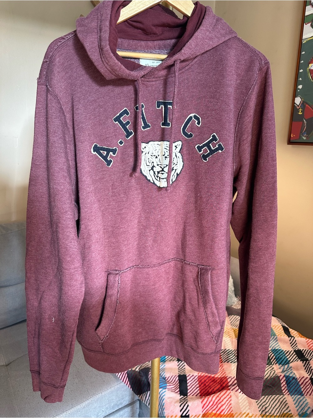 Abercrombie & Fitch Burgundy Pullover Hoodie with Embroidered Letters and Tiger